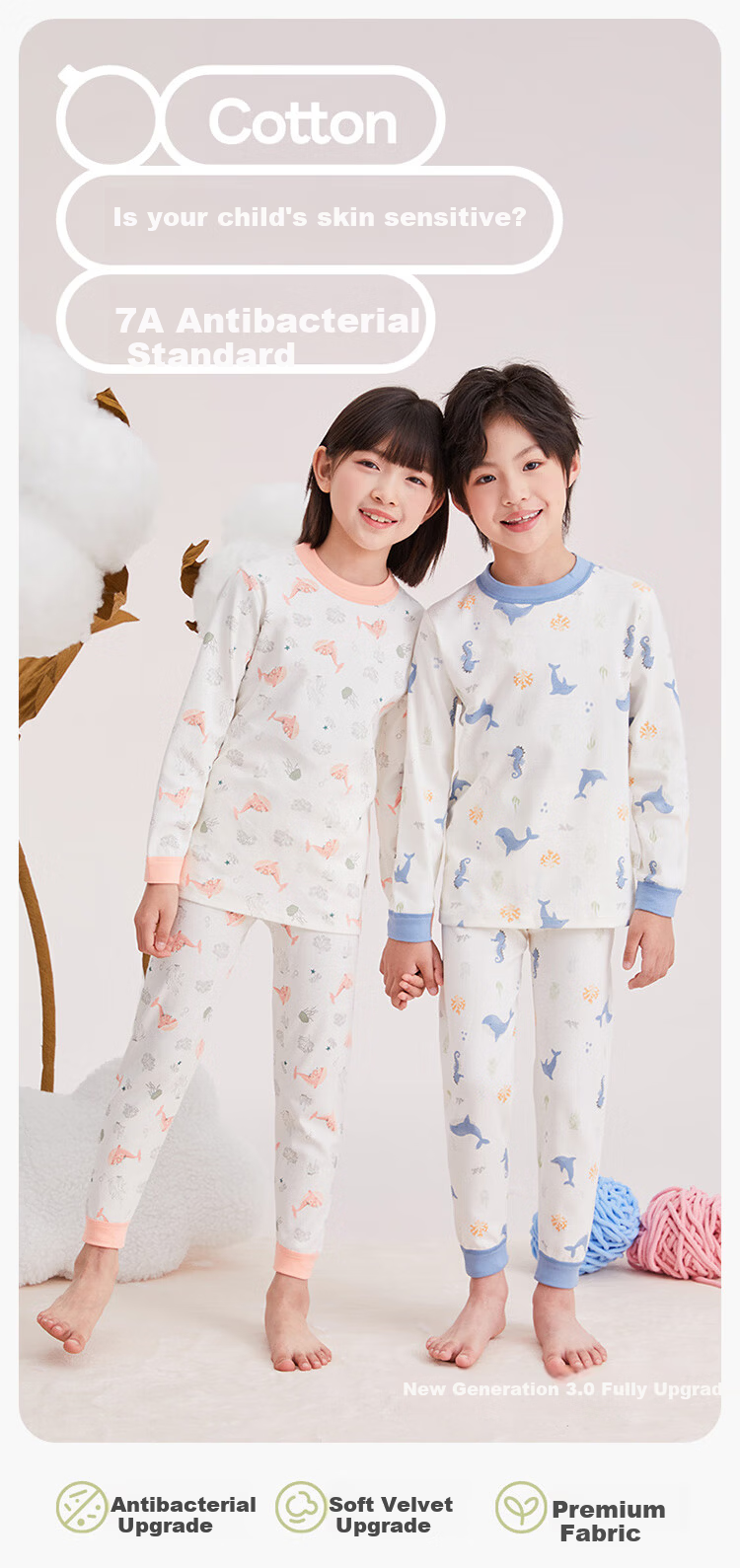 Hodo Kids Thermal Underwear Set Unisex Cotton Autumn Long Johns Seamless Pink Size 140 1