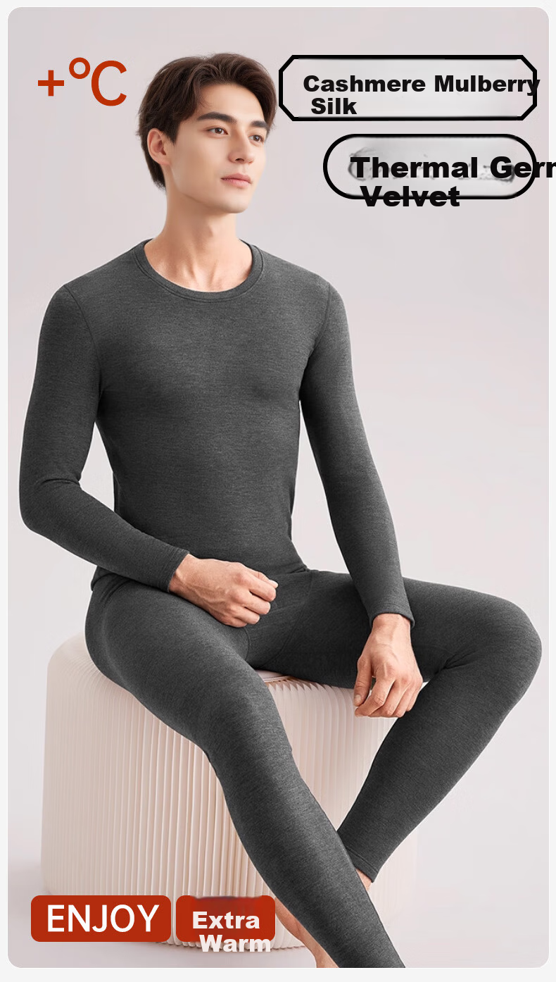 Bejirog [2 Sets Thermal Velvet] Men's Warm Underwear Set Thickened Cashmere Silk Autumn Winter Long Johns 1