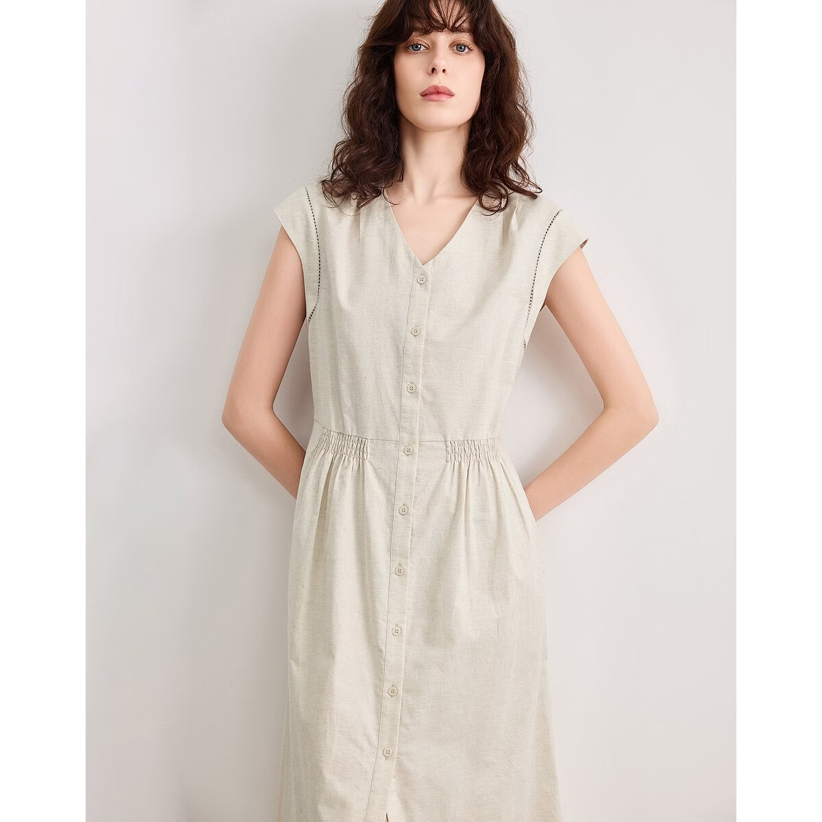Demana [With Linen Cotton] Summer Commuter Style Lace Splice Cap Sleeve V-Neck Waist Cinched A-Line Mid-Length Dress for Women