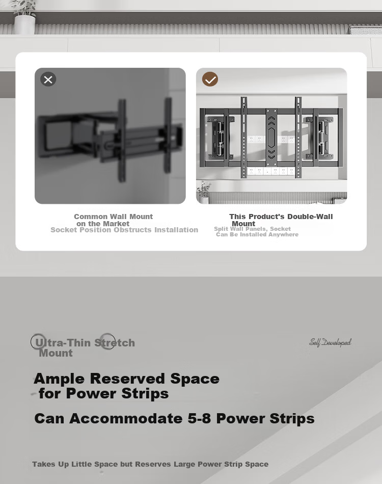 Enlip Ultra-Thin Recessed Split Telescopic TV Wall Mount Bracket 65-90 Inch Compatible with Xiaomi Hisense TCL Skyworth 75/85 Inch TVs No Obstruction to Sockets and Speakers 6