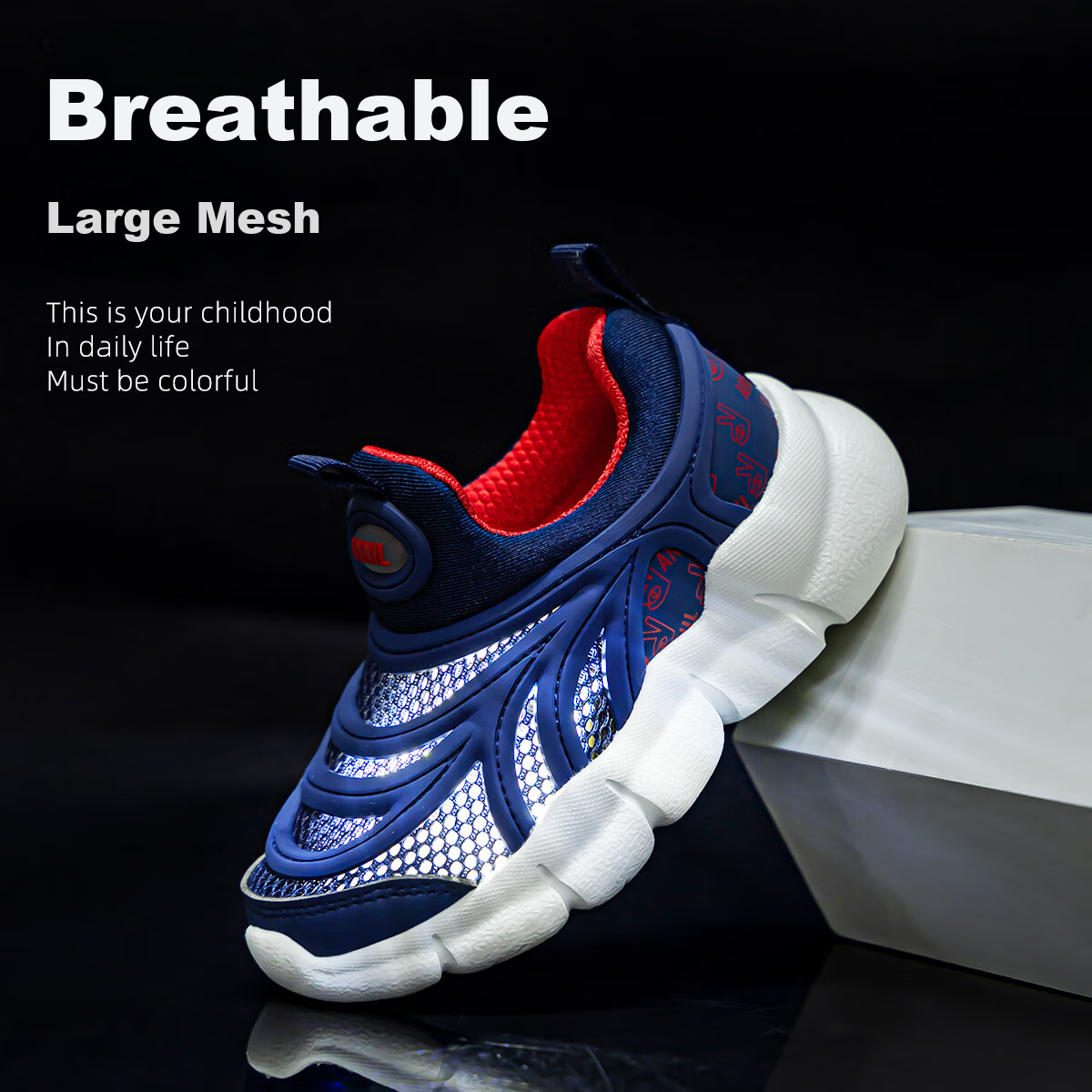 ANNIL Boys' Sports Shoes Spring New Caterpillar Mesh Breathable Slip-On Sneakers Navy Blue 32