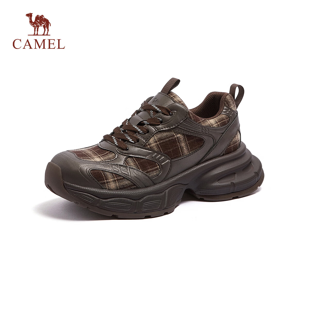 CAMEL Women's Dad Sneakers Modern Plaid Breathable Thick Sole Height Increasing Casual Sports Shoes L26S283201 Coffee Color Size 35