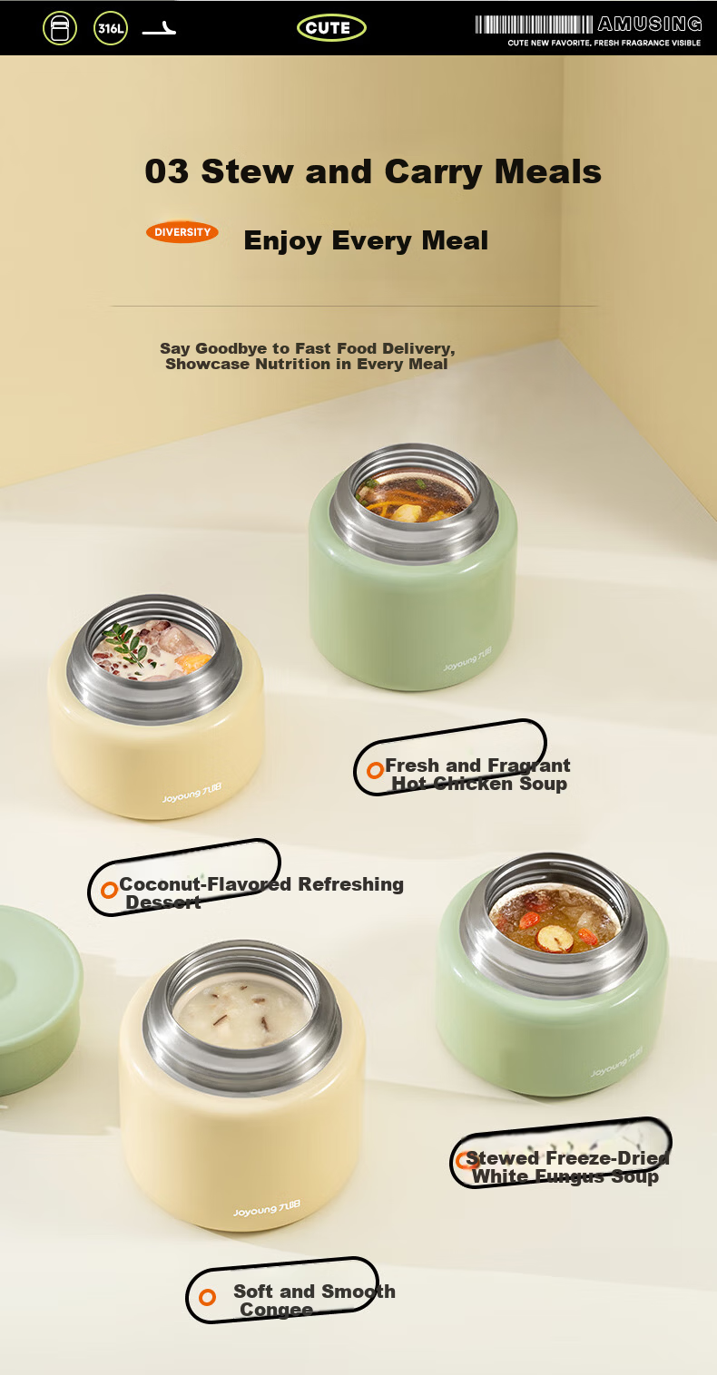 Joyoung Vacuum Insulated Thermal Cooker 800ml Portable Food Jar Thermal Lunch Box 5