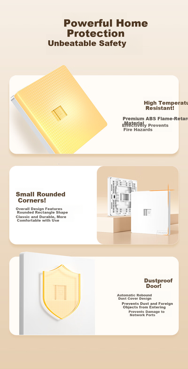 Sanze Network Ethernet Wall Plate Cat6 UTP Gigabit Tool-Free Module Panel Set 86-Type Thickened Single-Port Flame Retardant Panel + Cat6 Module Set SZ-MBT10 4