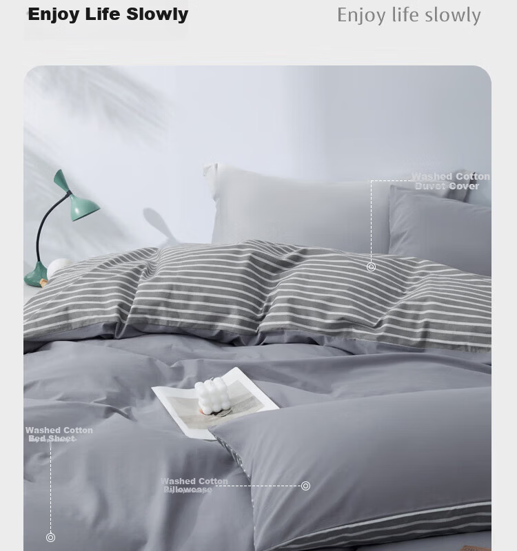 Mercury Home Textile 4-Piece Bedding Set 100% Cotton Washed Cotton Skin-Friendly Breathable Duvet Cover Pillowcase Bed Sheet for 1.8m Bed 2