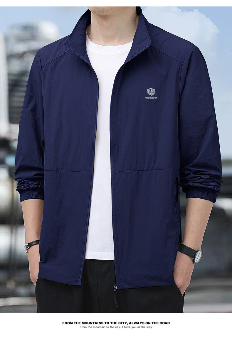 ROMON Sun Protection Jacket for Men, Summer Stand-Collar Ice Silk Cool-Feeling Outdoor Breathable Loose Casual Skin Coat, Navy Blue, 4XL 16