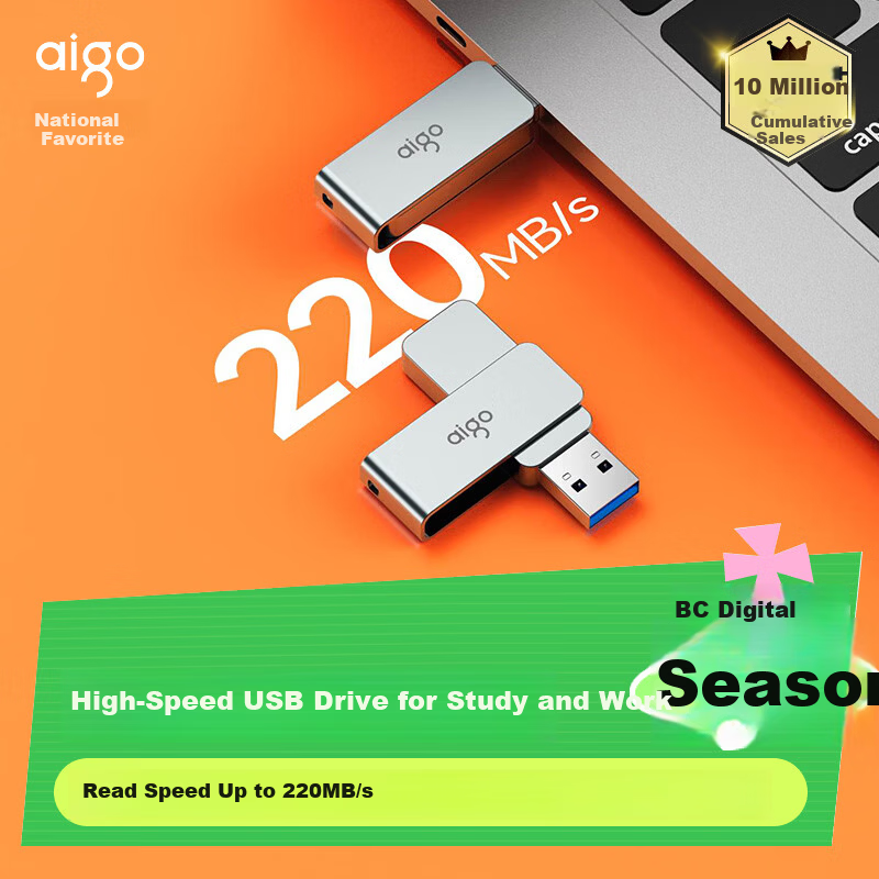 Aigo 64GB USB 3.2 Flash Drive High-Speed Office Computer USB Drive 220MB/s Read Speed Customizable Metal USB Large Capacity Storage U330 Series