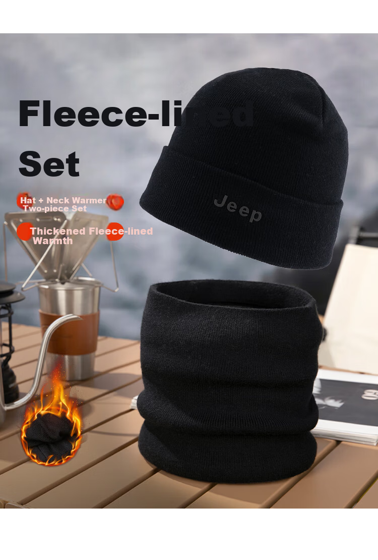 JEEP Men's Autumn Winter Knitted Hat Fleece Lined Warm Neck Warmer Thickened Woolen Beanie Ear Protection Cold Resistant Hat Black 4