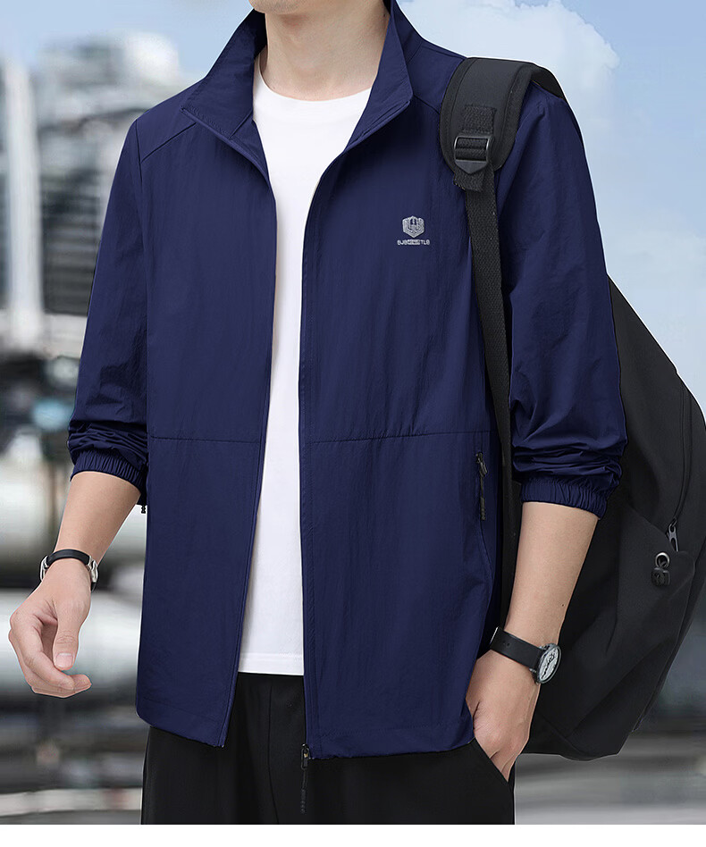 ROMON Sun Protection Jacket for Men, Summer Stand-Collar Ice Silk Cool-Feeling Outdoor Breathable Loose Casual Skin Coat, Navy Blue, 4XL 18