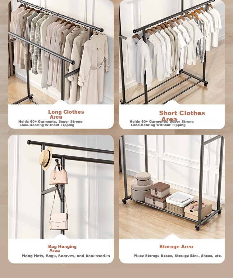 JD Jingzao Double Row Clothes Rack Mobile Floor Standing Clothes Hanger 1.3m Gun Gray for Bedroom and Balcony 6