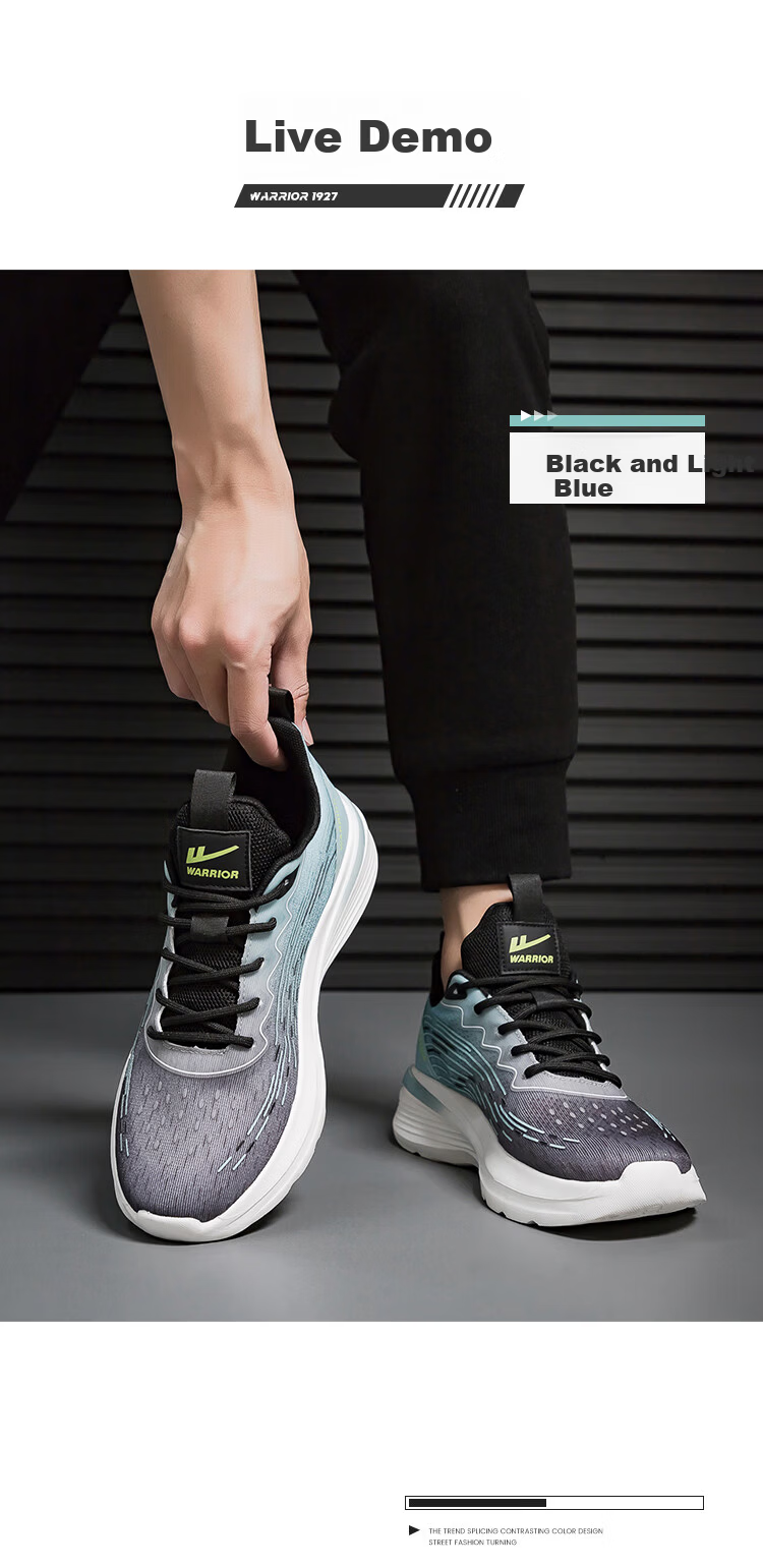 Warrior Men's Sports Shoes 2026 Summer New Soft Sole Lightweight Trendy Running Shoes Black Light Blue Size 39 (245mm) 7