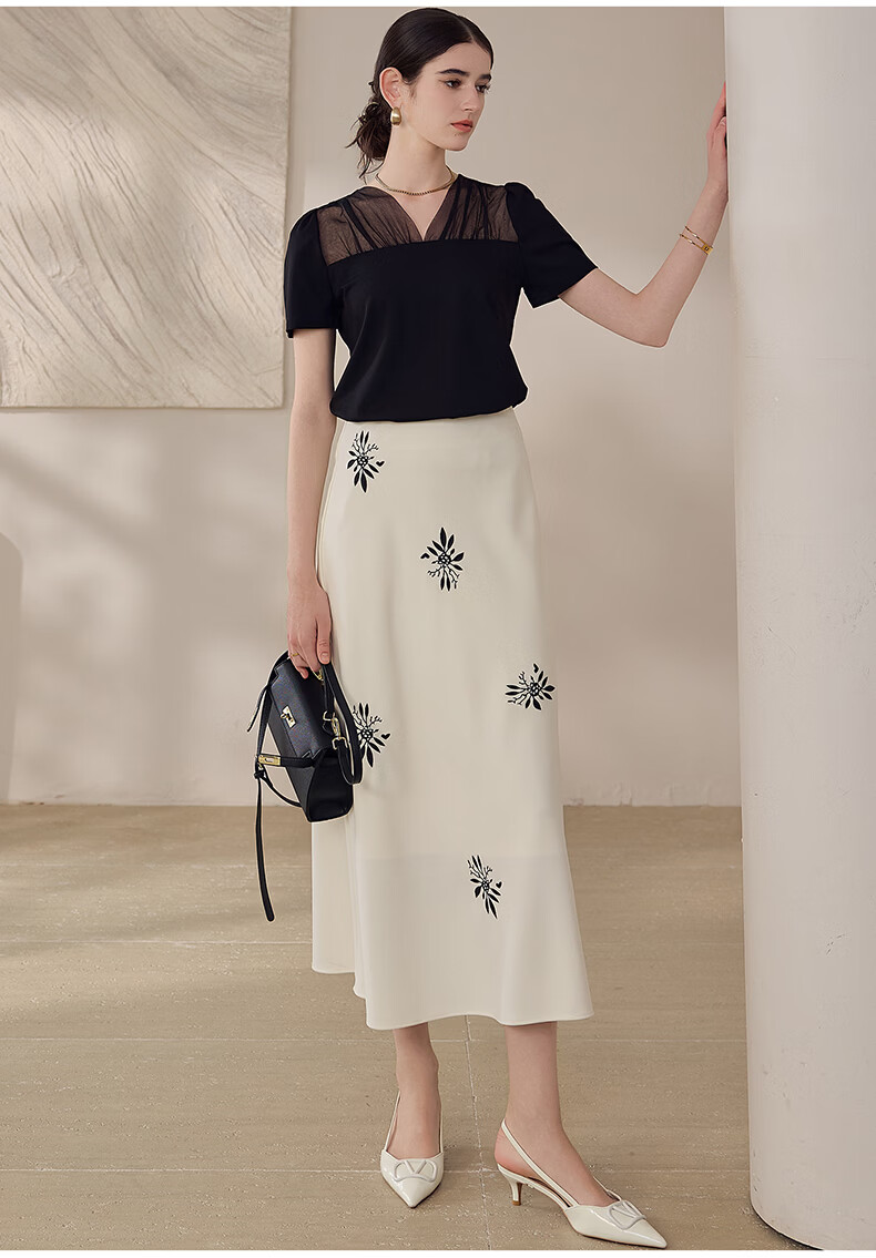 ROEYSHOUSE Mesh Splice Short Sleeve T-Shirt Women Summer Puff Sleeve Slim Top 13737 Black M 13