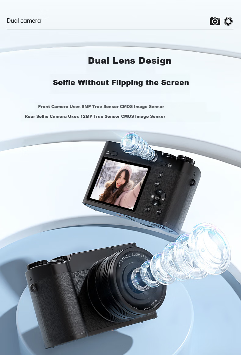 SONGDIAN Digital Camera Front and Rear Dual 5K Vlog 3X Optical Zoom Mirrorless Portable Student Camera DC205X Black 128GB Memory 3