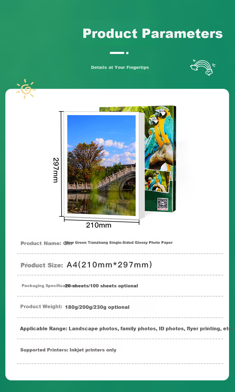 TANGO Photo Paper, 230g High Gloss Inkjet Printing Paper, A3 Size, for Graduation Projects, Landscape Photos, DIY Posters, Creative Postcards, 20 Sheets/pack, New Green, TANGO 9