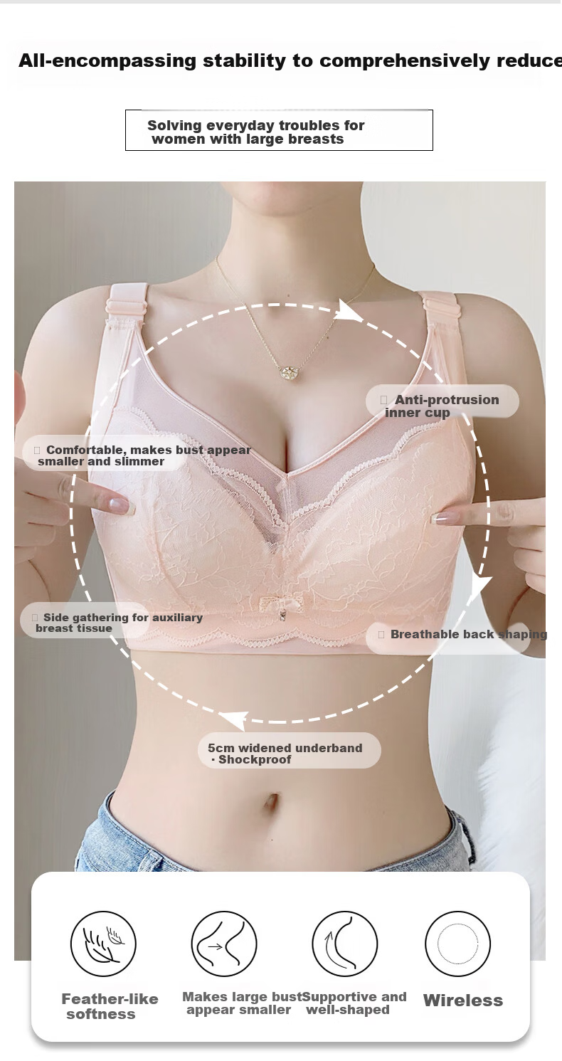 PBENO Women's Thin Bra 2025 New Summer Large Bust Minimizing Anti-Sagging Pink Beige 36/80BCD 4
