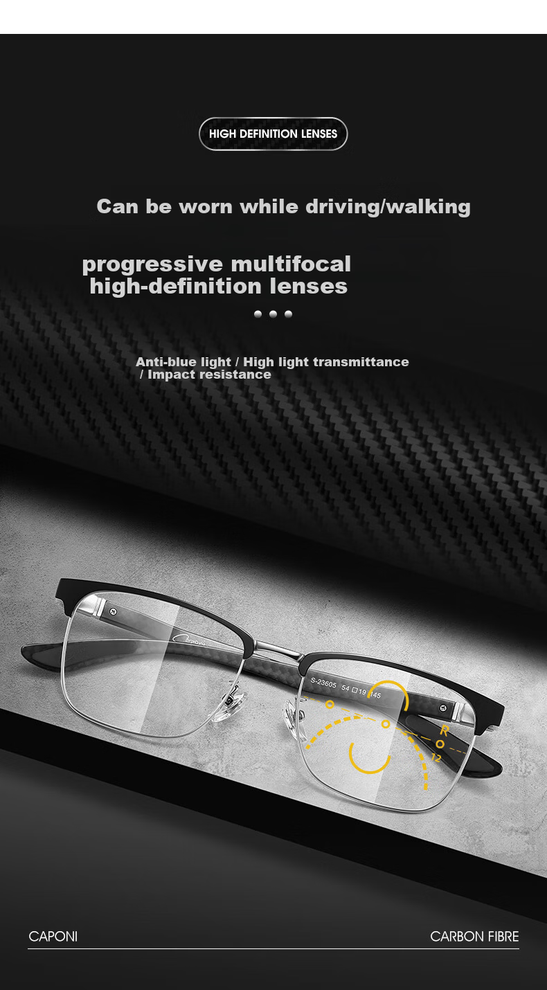 CAPONI Carbon Fiber Multifocal Auto-Focus Reading Glasses for Men, Blue Light Blocking, Genuine 6