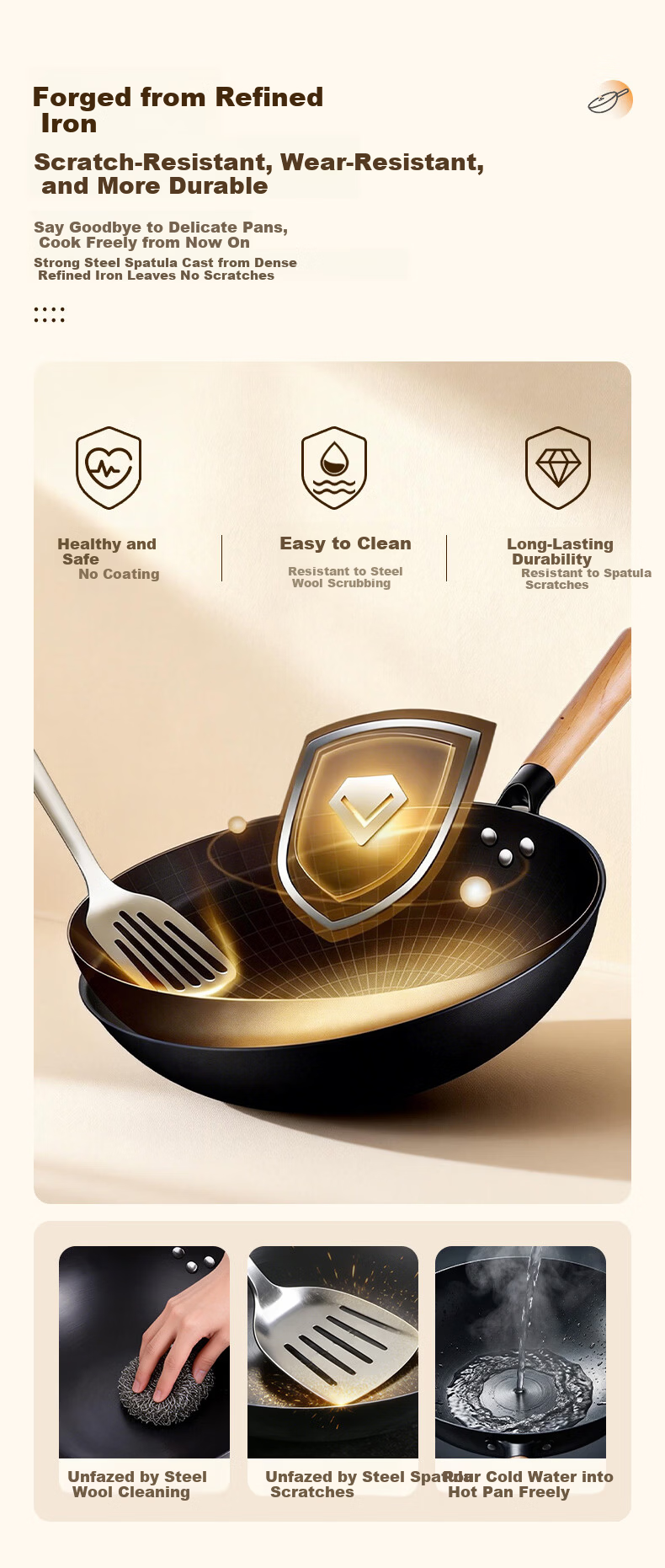 Jingmi Premium Cast Iron Wok 34cm Healthy Non-Coated Iron Frying Pan Universal for Home and Open Flame Cooking 7