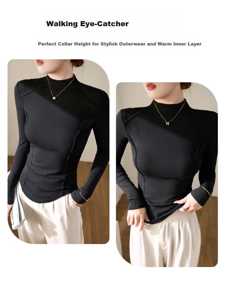LangSha Women's Semi-Turtleneck Wool and Silk Thermal Slim Fit Herringbone Autumn Winter Base Layer Shirt 3