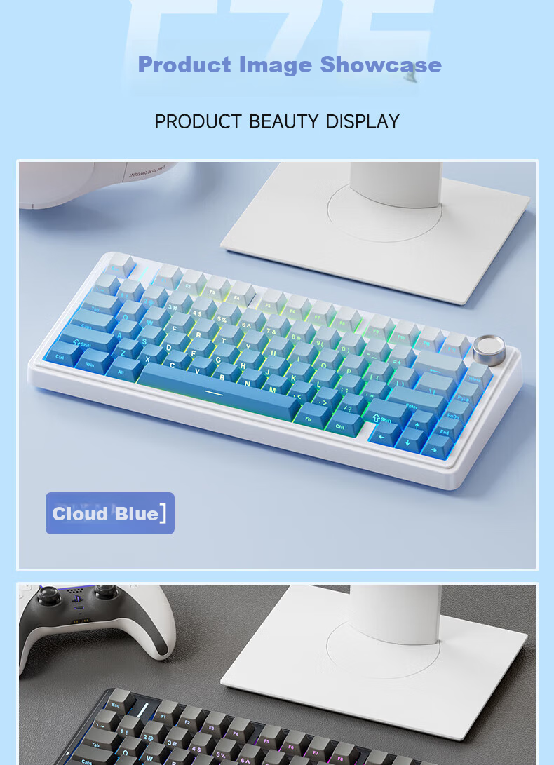 AULA F75 Wireless Customizable Mechanical Keyboard Wireless Bluetooth Tri-Mode Wired Gasket Structure 80-Key Hot-Swappable Gaming Office Glacier Blue Reaper Switch 21
