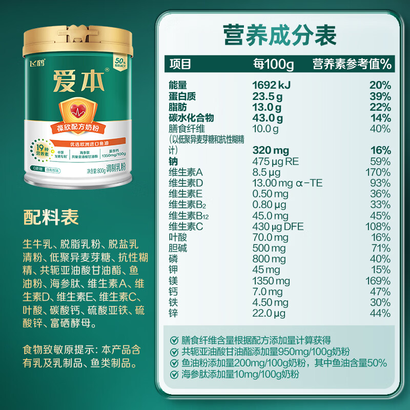 飞鹤1962爱本葆欣牛奶粉800g中老年高钙高蛋白添加鱼油营养粉