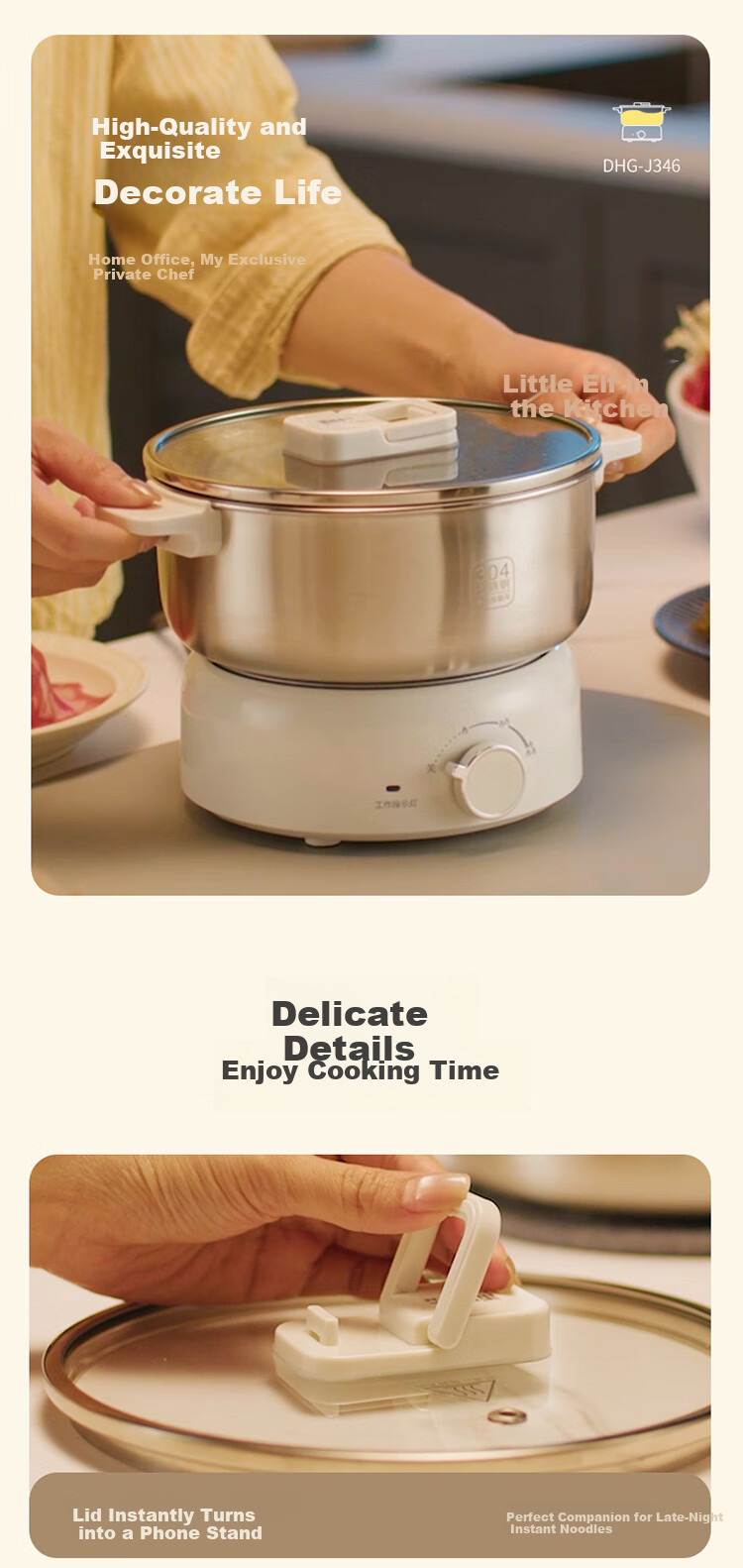 Liven Little Steel Man 304 Stainless Steel Electric Hot Pot Small 2-3 Person Electric Cooking Pot Detachable Non-Coated 3L Travel Hot Pot DHG-J346 15