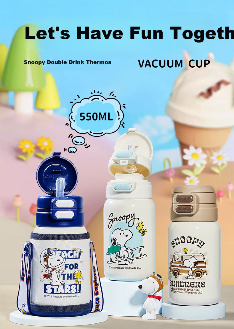 SNOOPY Insulated Water Bottle for Kids, Stylish 316 Stainless Steel Large Capacity Tumbler for 6-12 Year Old Students, Girls' Portable Straw Cup 1