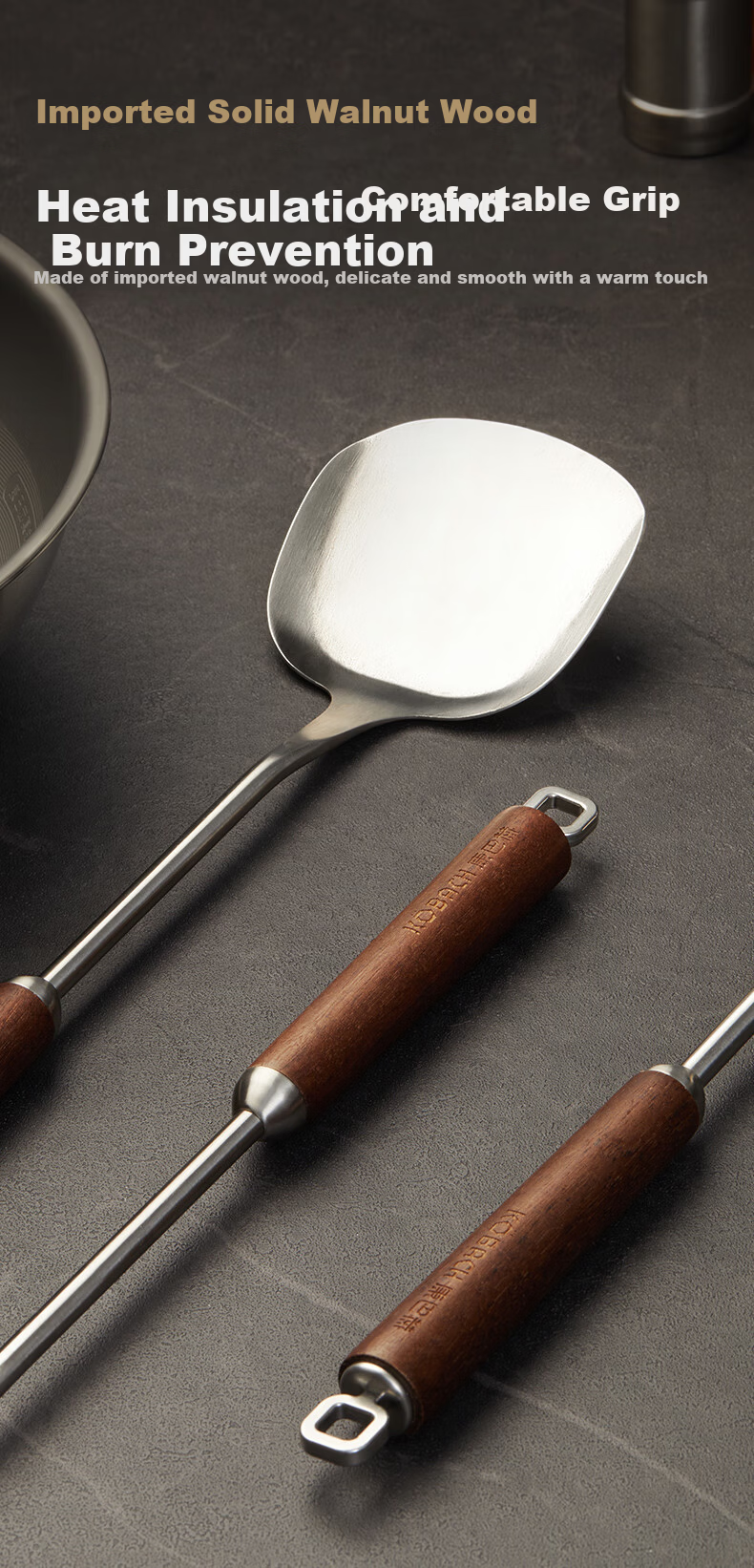 Kambach 316L Stainless Steel Cooking Spatula with Walnut Wood Handle Heat-Resistant Anti-Scald Spatula 8