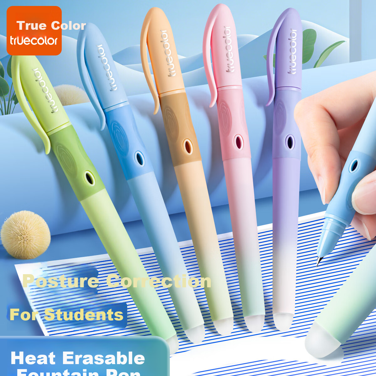 TRUECOLOR Blue Thermal Erasable Fountain Pen 0.38mm for Elementary Students Grade 3 Children Handwriting Practice Posture Correction Refillable Ink Cartridge High Appearance Unisex Beginner Fountain P