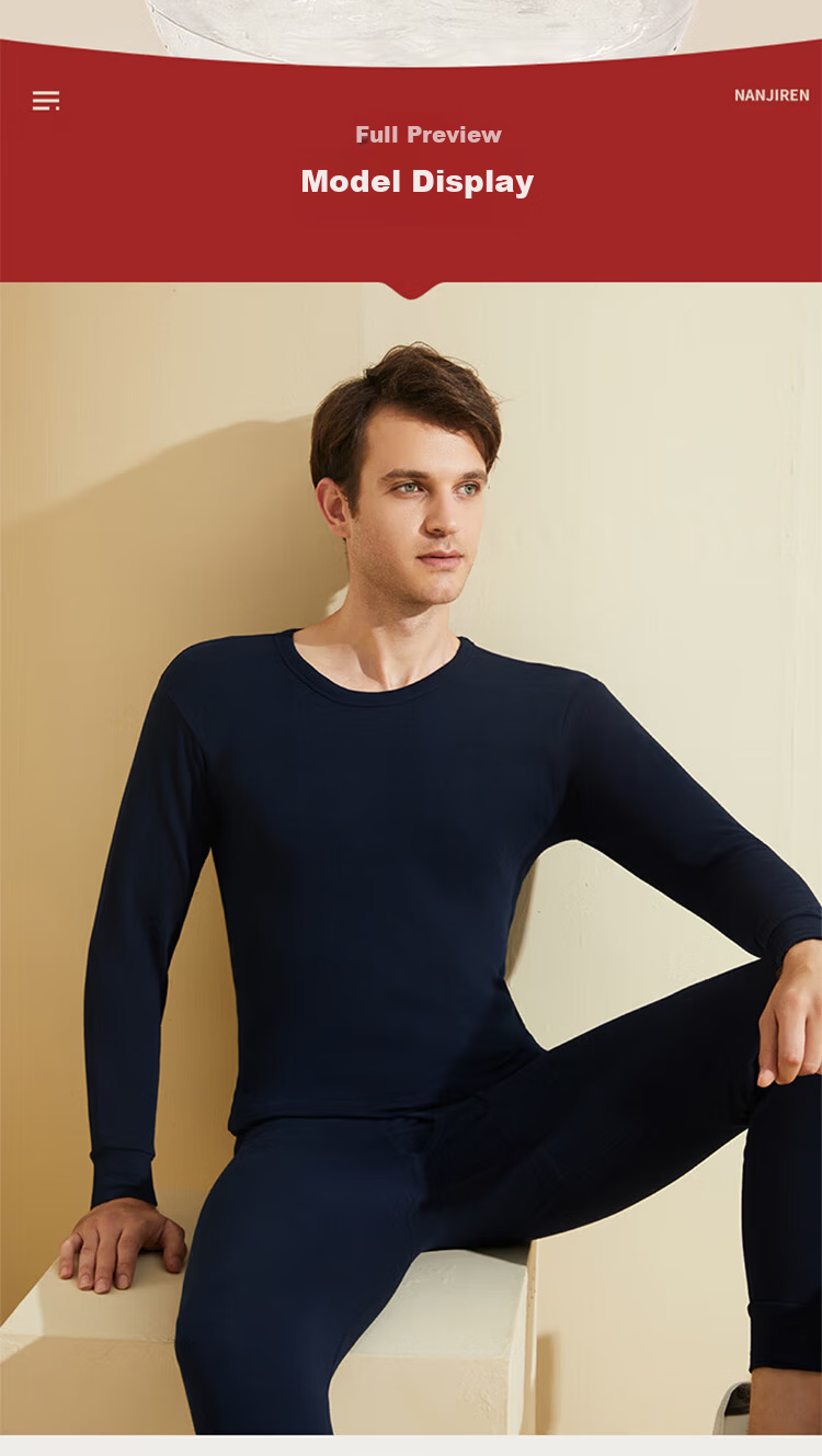 Nanjiren Men's Autumn Underwear Set, Pure Cotton Antibacterial Thin Warm Base Layer Thermal Underwear, Navy Blue 2XL 15
