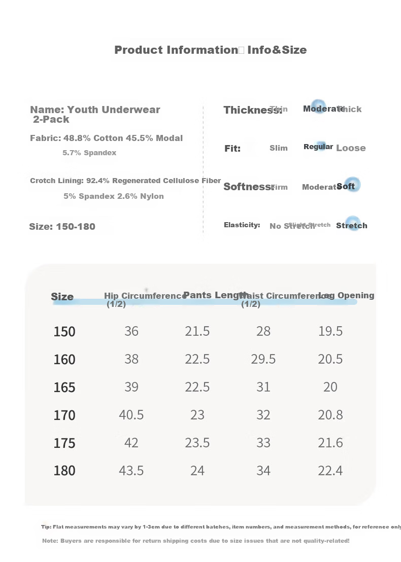 Yingbolun Boys' Modal Boxer Briefs, Kids' Underwear, Large Size, Model 10397, Blue Gray + Light Green, 2 Pieces, Size 180 10