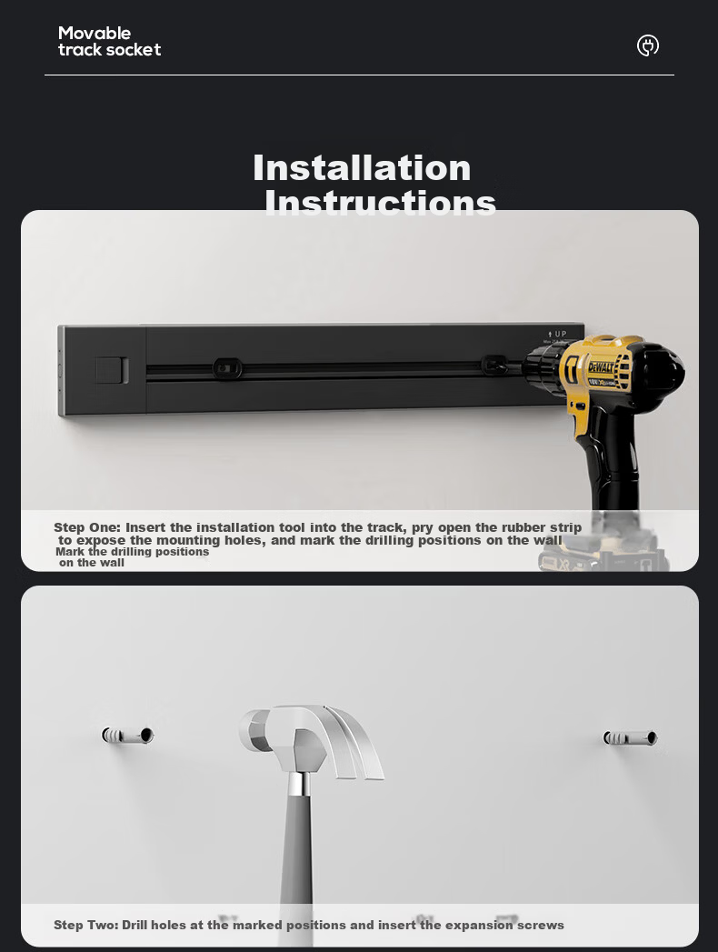 Comfort Home Kitchen Power Track Socket Surface Mounted Ultra-thin Slide Rail Socket Wireless High Power Island Counter Side Cabinet Movable Guide Rail Power Strip 14