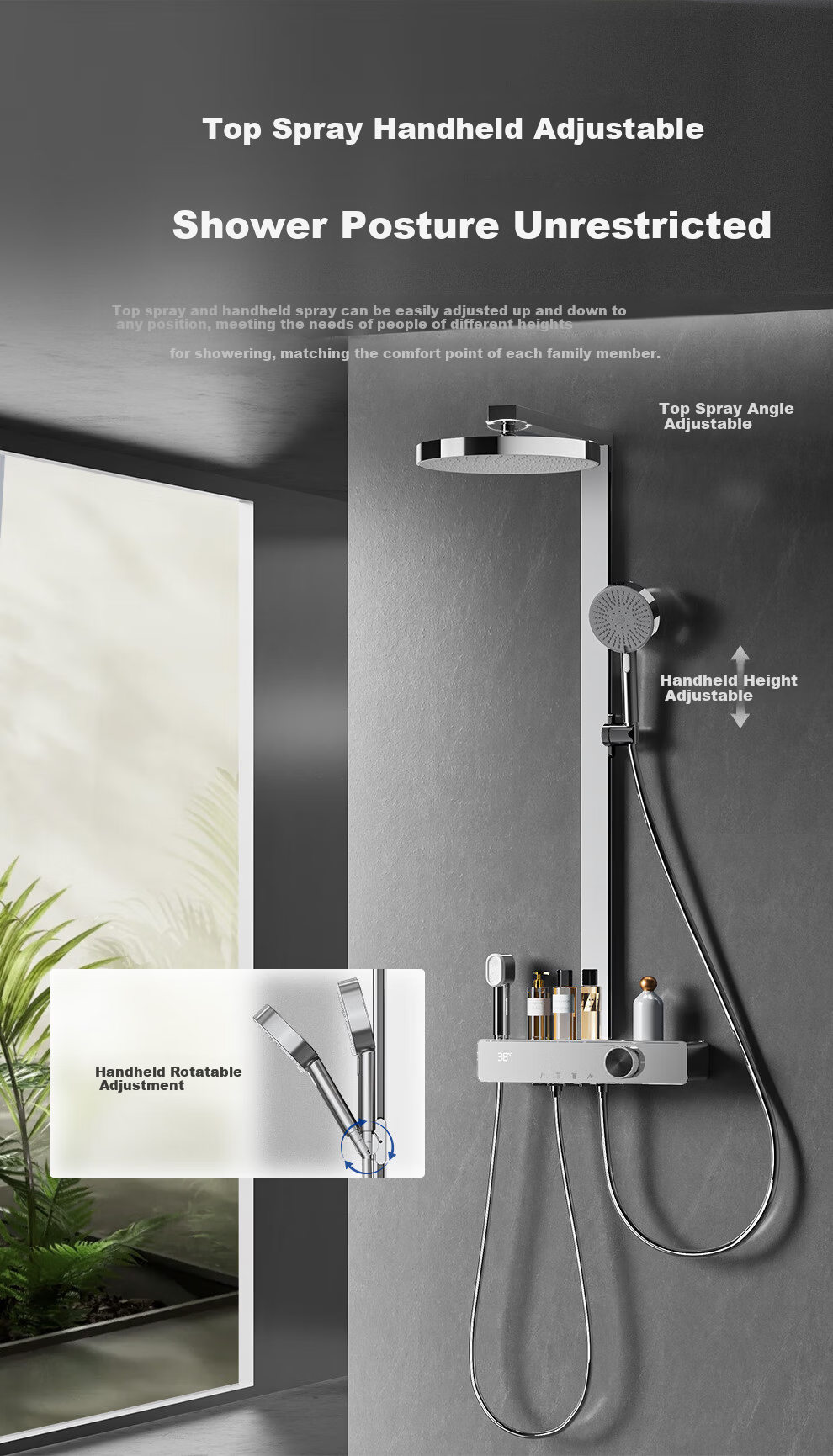 ARROW K530 Shower Set with Large Top Spray, Pressurized Multifunctional Piano Key Digital Display Handheld Shower AE34216MZCP-P 15
