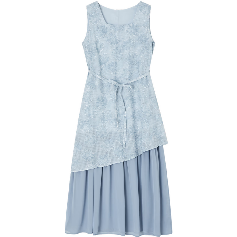 Demana Summer Faux Two-Piece Spliced Chiffon Lightweight Loose Sleeveless A-Line Mid-Length Dress with Cutwork and Print