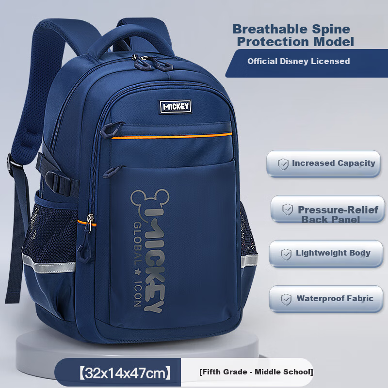 Disney Elementary School Backpack for Boys Grades 5-6 High School Student Backpack 4 Large Compartments Lightweight Navy Blue 12083