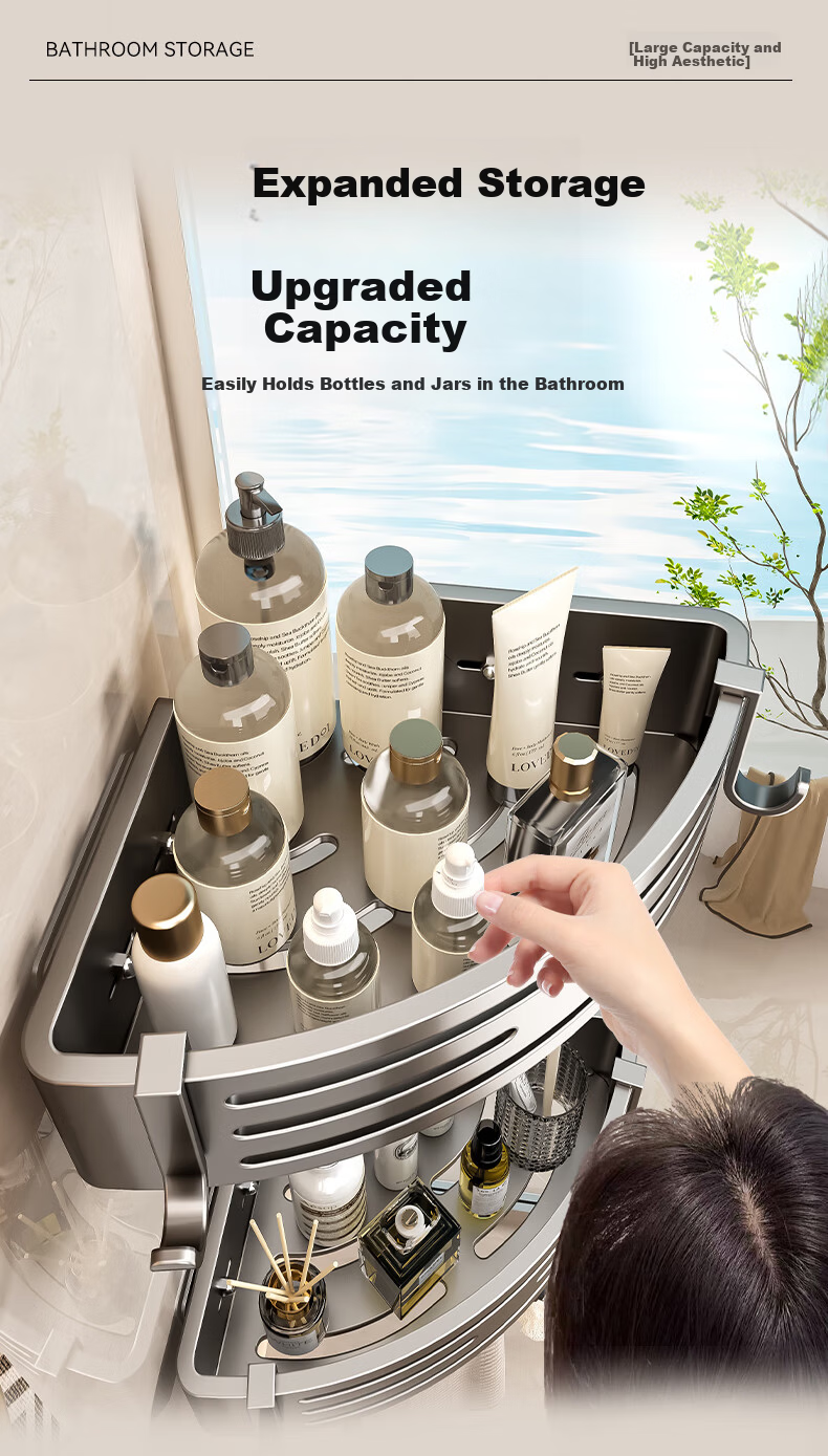 Baihan No-Drill Storage Rack, Bathroom Corner Shelf, Bathroom Organizer Rack, Suction Cup, Carbon Steel 6