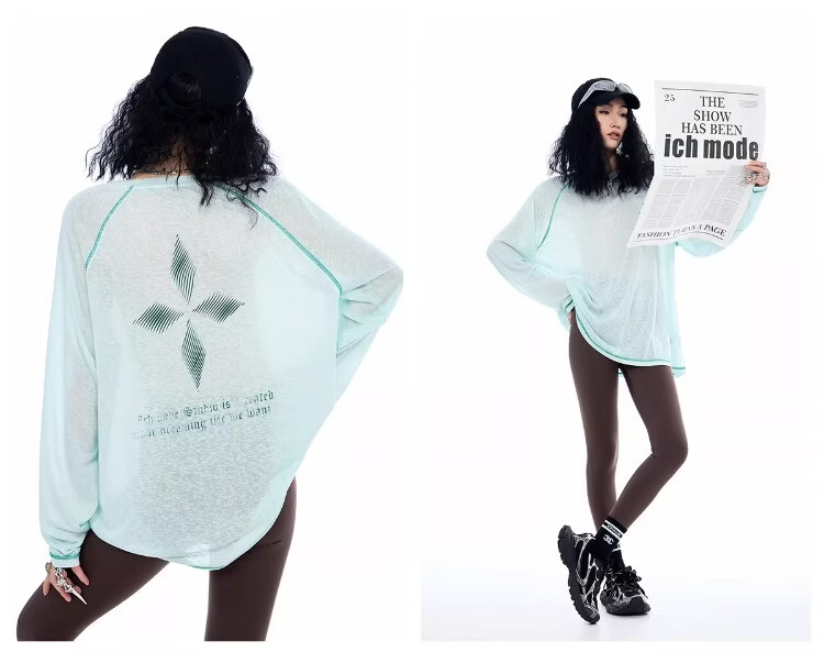 ICH MODE Lyocell Cross-Print Long-Sleeve T-Shirt, Physical Sun Protection Cover-Up for Women, Summer Hasselblad Online Top, White, Size S 19