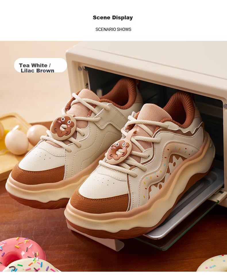 XTEP Kids Macaron Colorblock Sneakers Girls Donut Lace-up Sports Shoes Tea White/Lilac Brown Size 35 13