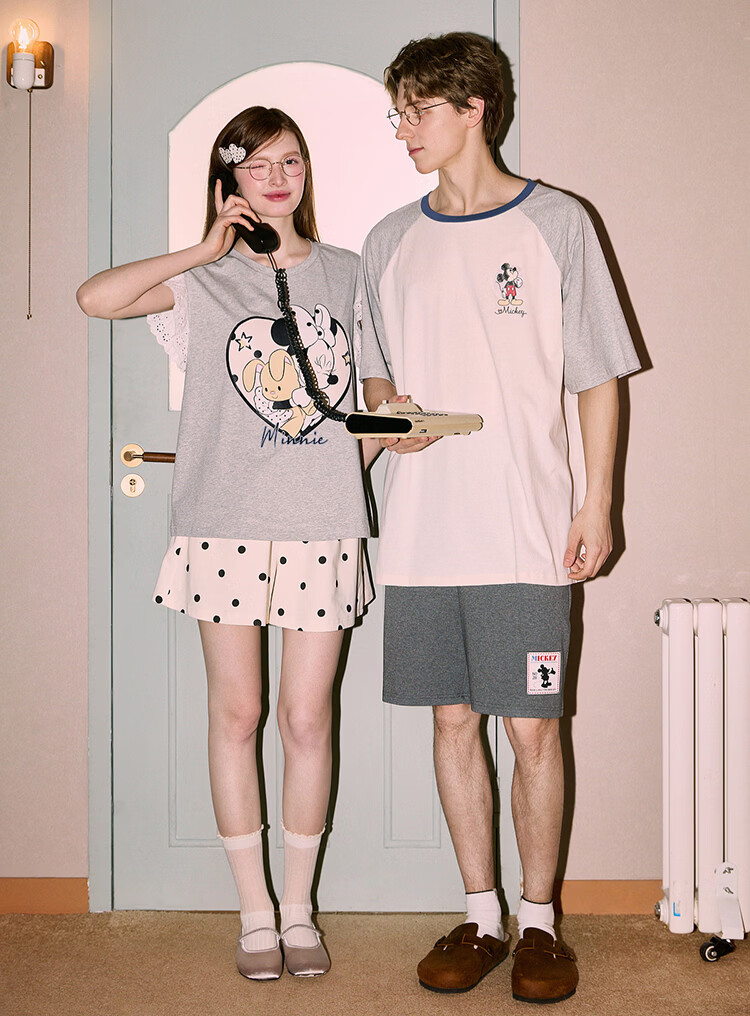 Gukoo Couples Pajamas Women's 2026 New Summer Disney Collaboration Cotton Pajamas Men's Homewear Light Gray S 17