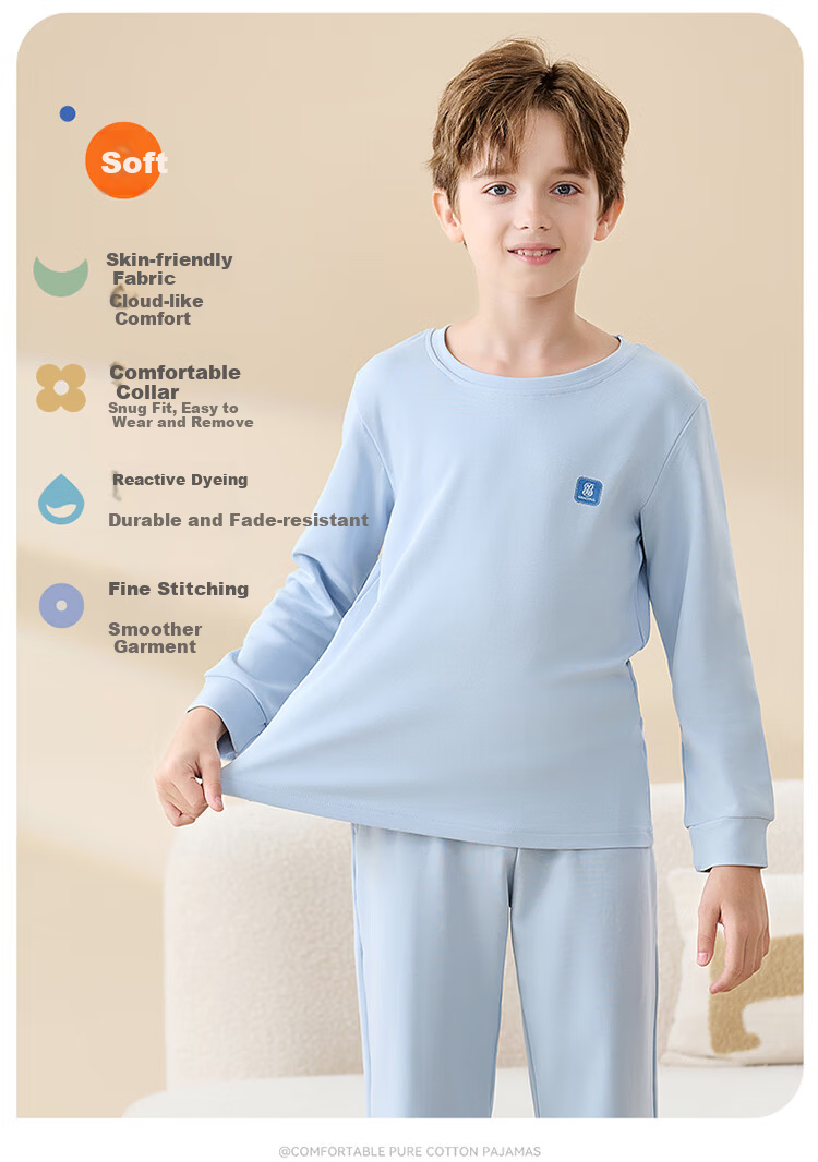 Hodo Boys' Children's Pajamas Spring Summer 100% Cotton Long Sleeve Long Pants Class A Antibacterial Homewear Set for Older Kids 7
