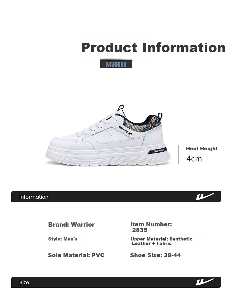 Warrior Official Men's Shoes 2026 Summer New Classic White Sneakers for Men, White and Dark Blue, Size 39 3