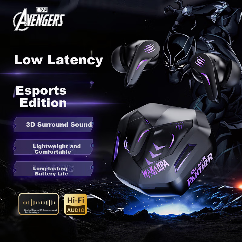 DISNEY Marvel Collaboration Bluetooth Earphones High-Value Mecha Gaming Surround Sound In-Ear Headphones Back-to-School Gift for Boys MR63 Black Panther