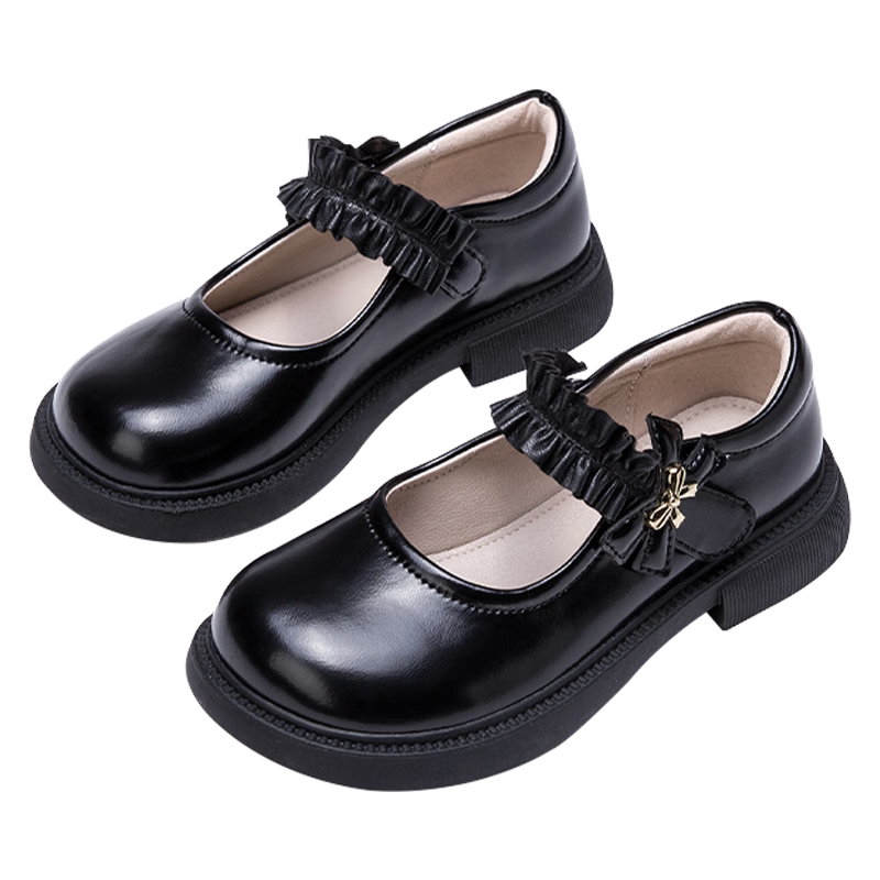Follow Me Girls' Leather Shoes Square Toe Breathable Soft-Soled Flats Children's Fashionable School Performance Mary Jane Shoes Black Size 36