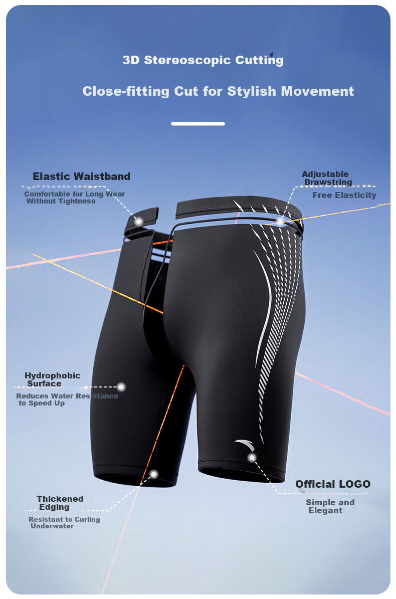 Anta Men's Swim Trunks Five-Point Quick-Dry Breathable Loose Fit Black Silver M 3