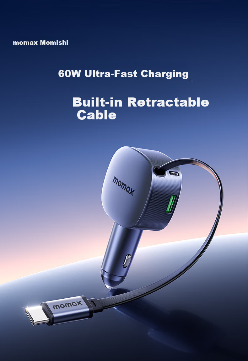 MOMAX Car Charger Super Fast Charging with Retractable Cable PD60W Cigarette Lighter Adapter Compatible with Huawei, Apple 15/16, Xiaomi, Android 2