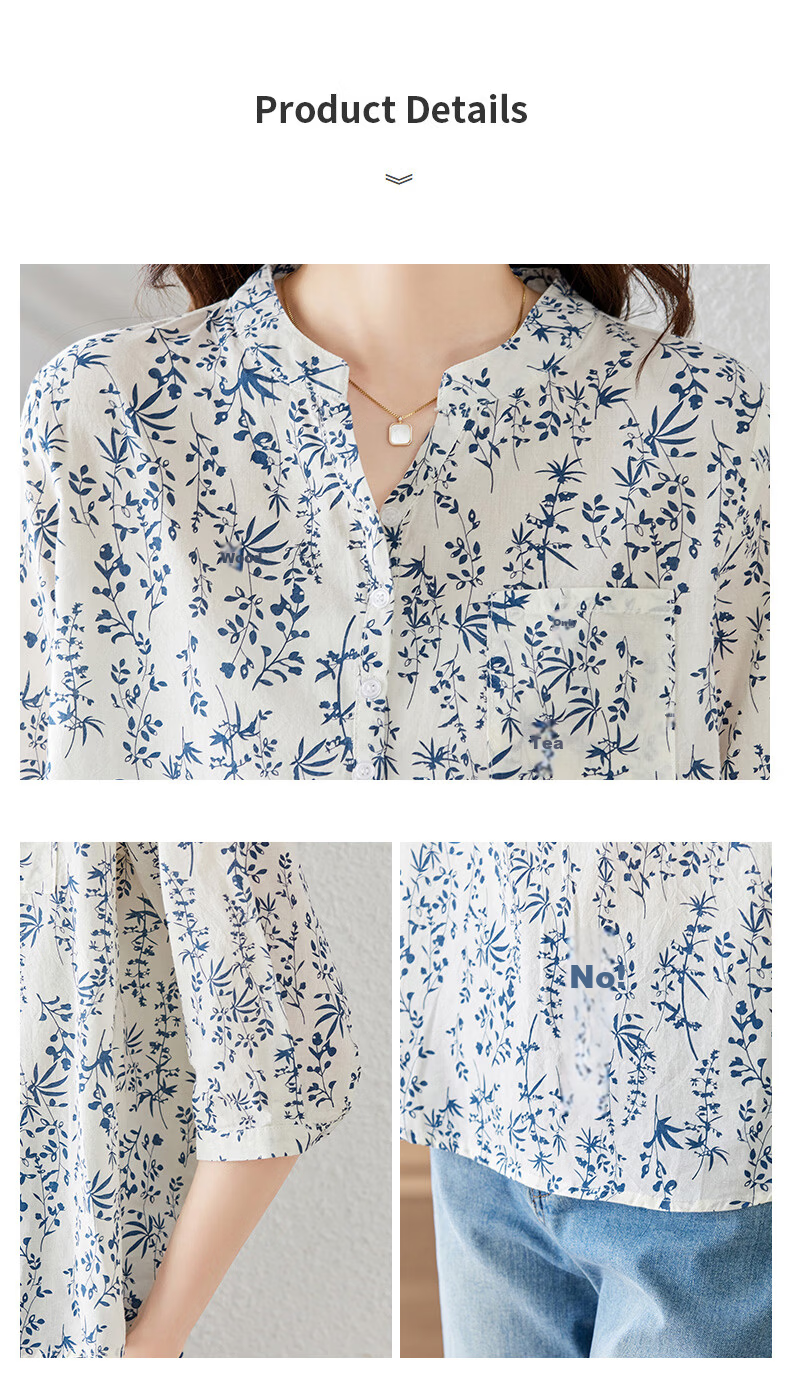 AOTUN Blue and White Porcelain Small Floral Print Women's Spring 3/4 Sleeve Cotton Shirt 35026 Blue and White Porcelain L 12