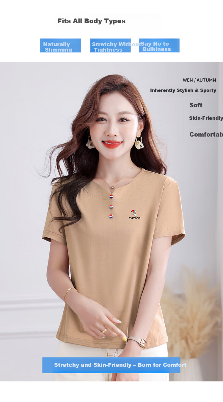 TUCANO Women's Pure Cotton Short Sleeve T-Shirt Summer New Round Neck Shoulder Sports Casual Slim Fit Top Dusty Pink 2XL 6