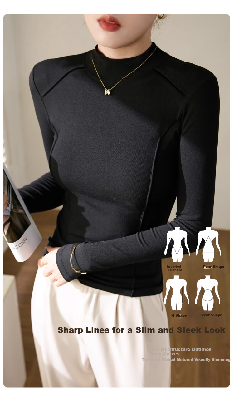 LangSha Women's Semi-Turtleneck Wool and Silk Thermal Slim Fit Herringbone Autumn Winter Base Layer Shirt 5