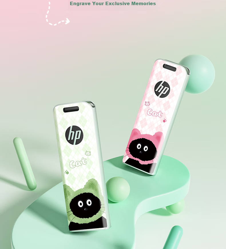 HP 64GB USB 3.2 Mint Meow High-Speed Metal USB Flash Drive Cute Couple Student Data Backup Office USB Drive Up to 230MB/s 5