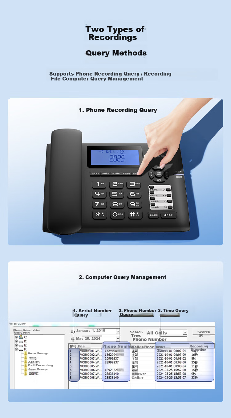 Baotair Recording Telephone 2200 Hours Fixed Desk Phone Office Home Automatic Manual Recording Answering Machine USB Export 32GB Storage T889 White 9
