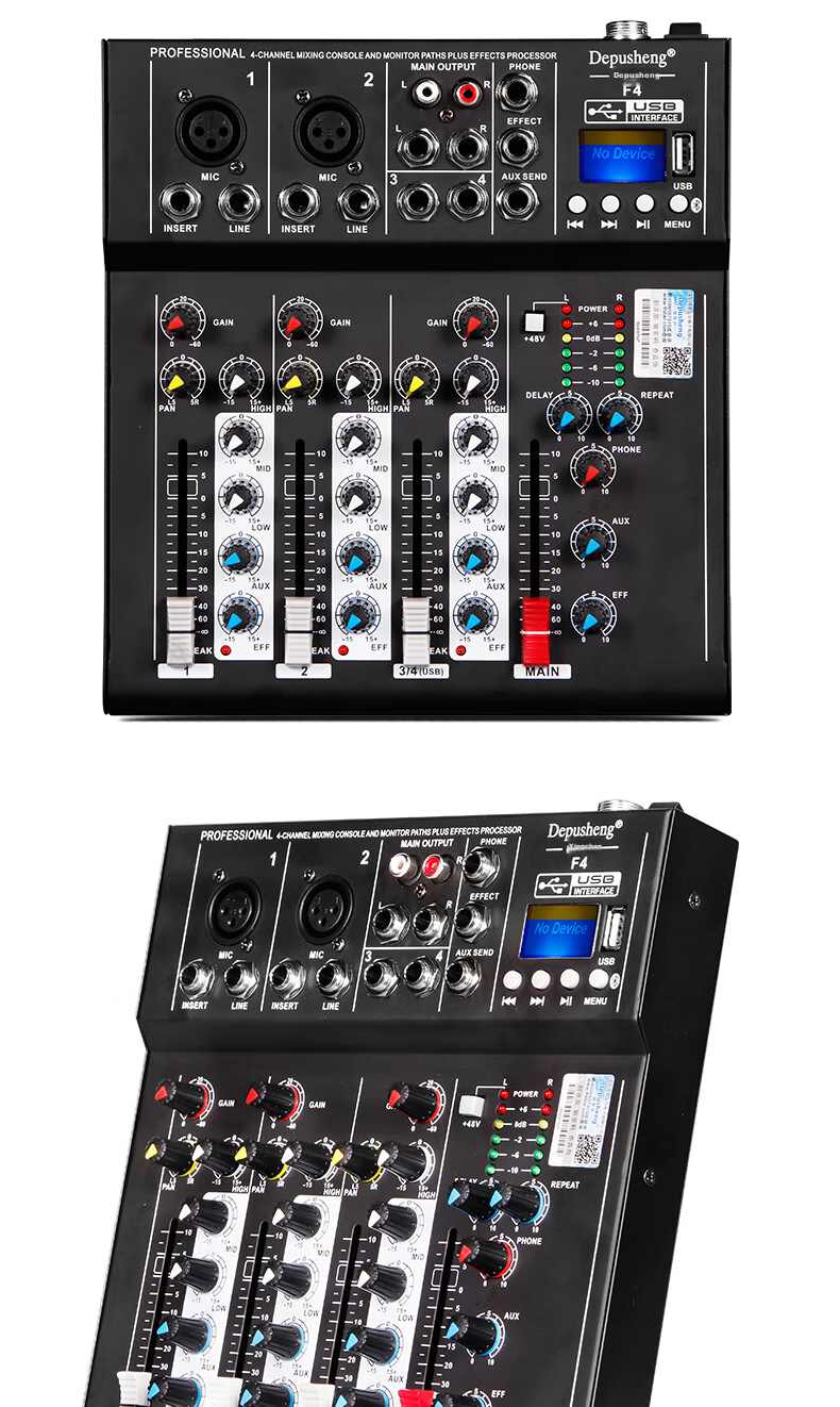 Depusheng Professional 4-Channel Mixer USB Sound Card Bluetooth U Disk Equalizer Reverb Portable F4 for Computer Recording Home KTV Singing Online Video Conference Live Streaming 6